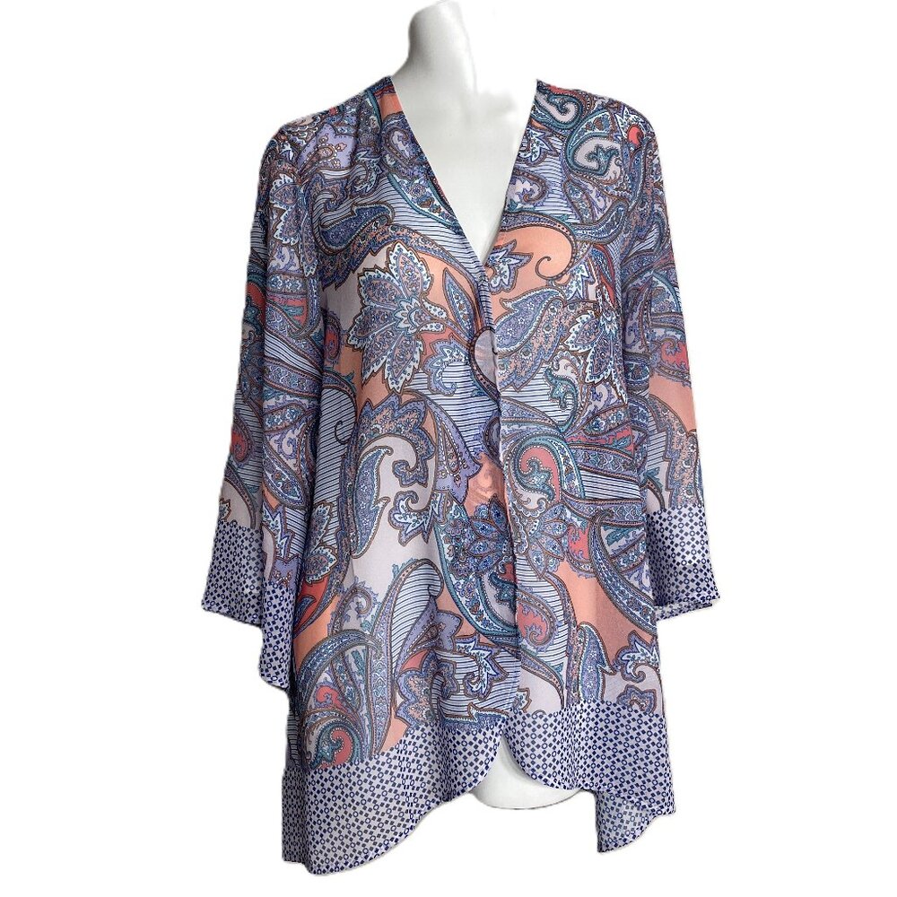 Soft Surroundings Open Front Kimono Cardigan Top Medium Paisley Blue Sheer